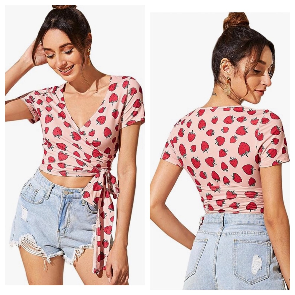 SHEIN | V-Neck Tie-Waist Wrap Cropped Blouse in Strawberry Pink, size XL